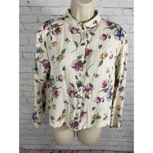 VTG Amanda Gray Ivory Multicolor Flower Oyster Shell Button Up Long Sleeve XS